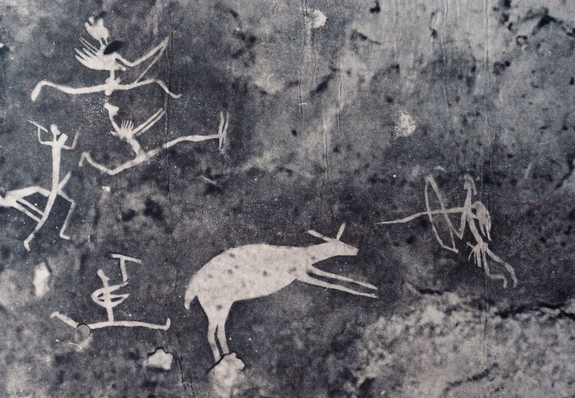 Junction Shelter: animal figure with both sheep and antelope features, surrounded by humans with hunting equipment, some of whom appear to be hunting. Photographed in the Pager archive at the Rock Art Research Institute, University of the Witwatersrand